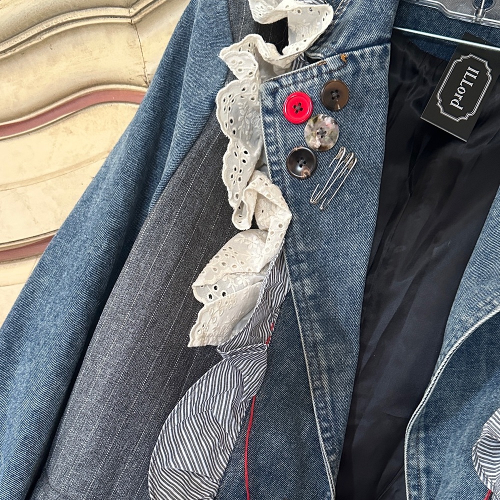NWT ILLord Boutique Brand Denim and Gray Pinstriped Ruffle-Trim Jean Jacket - Picture 3 of 4